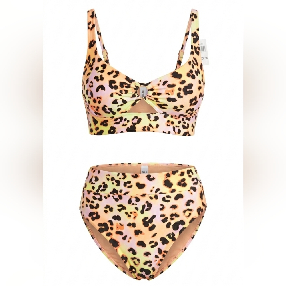 NWT Bar III Neon Multi Animal Print Bikini Set High Waisted Large Cutout Leopard
